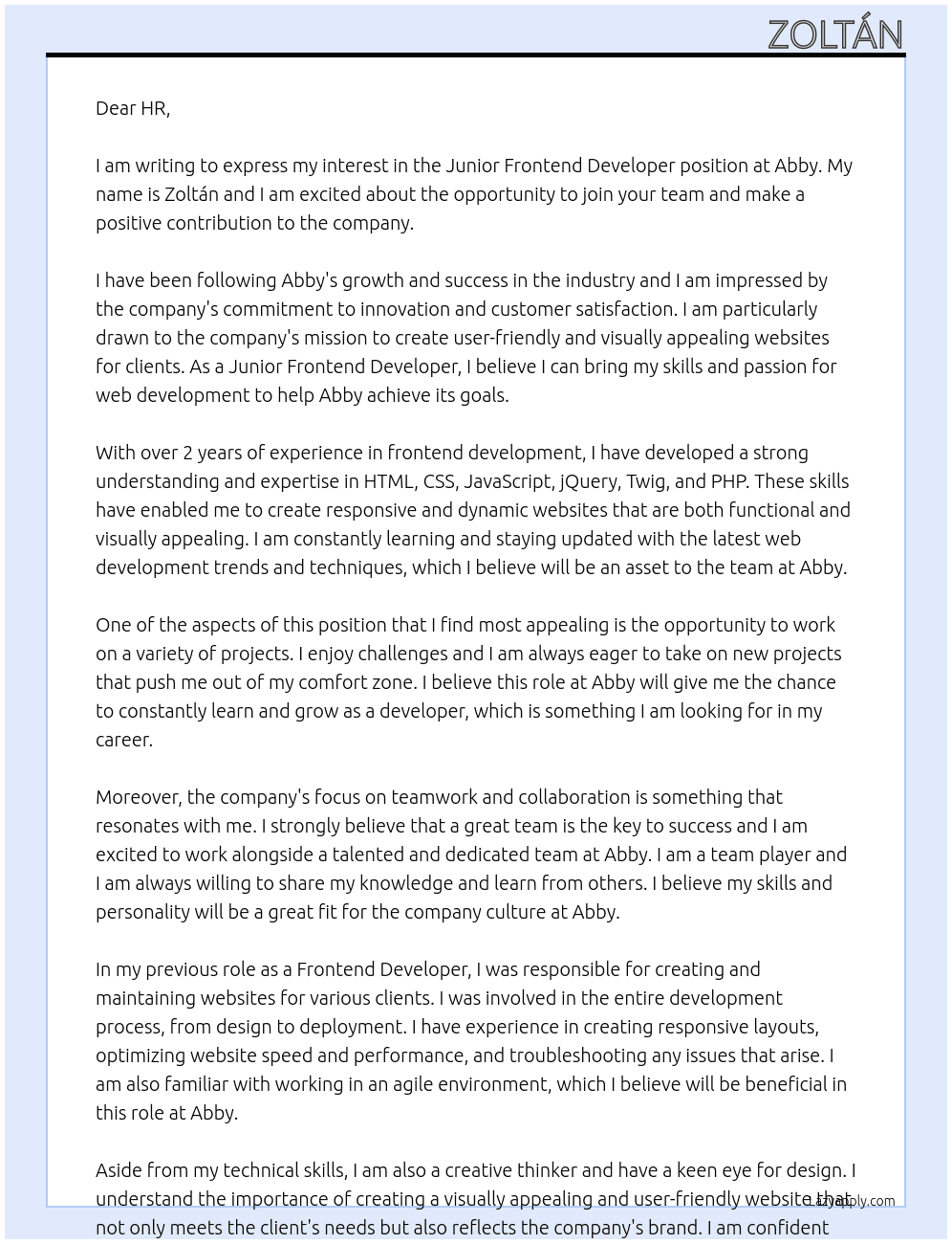  Junior Frontend Developer At Abby Cover Letter