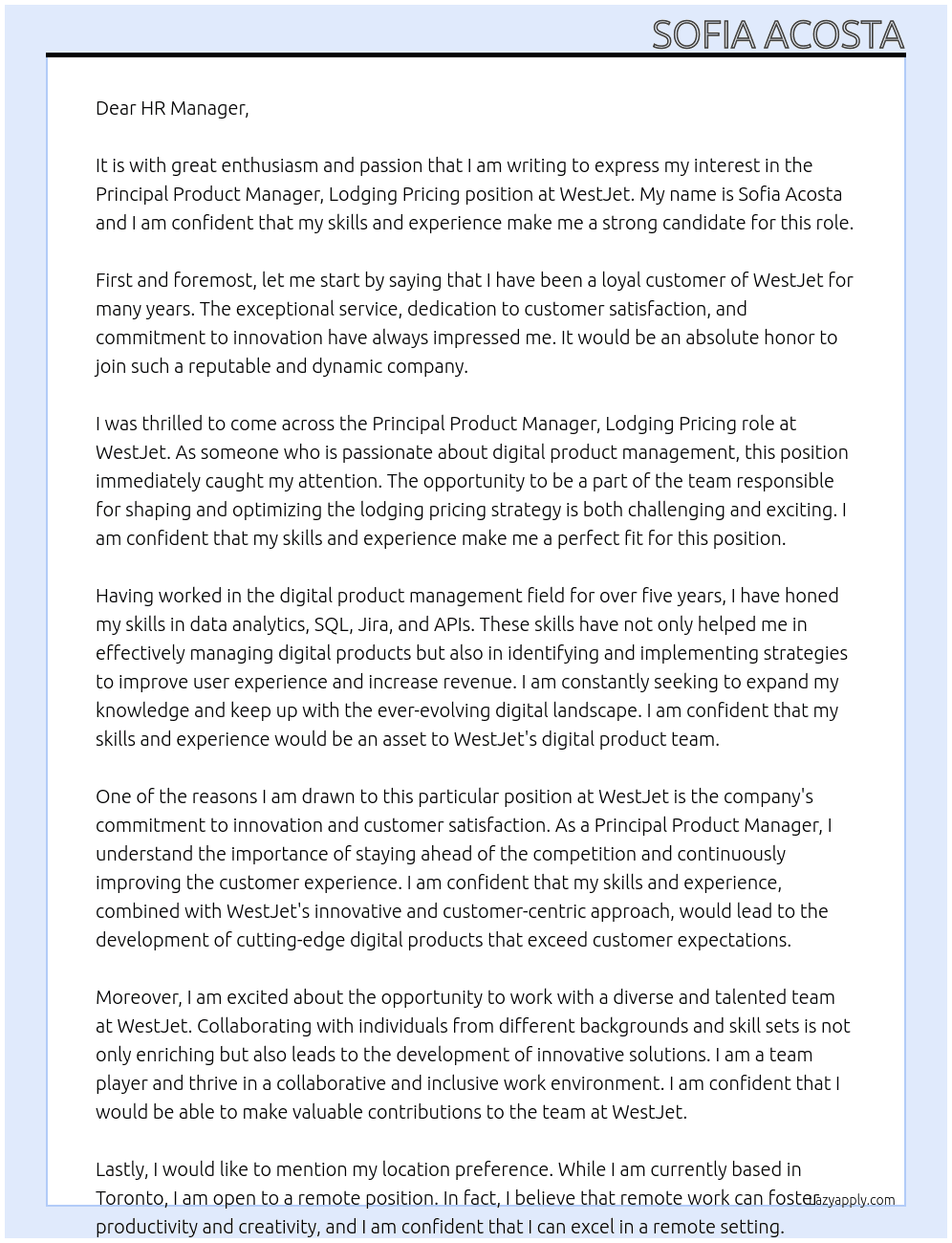 Principal ProdDigital Product Owneruct Manager, Lodging Pricing At WestJet Cover Letter