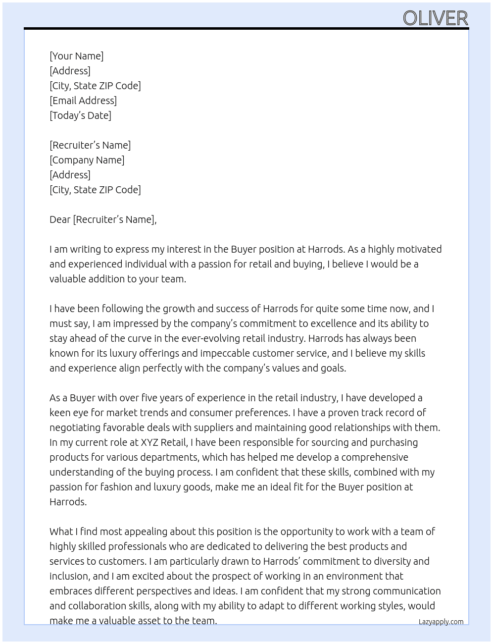 Buyer At Harrods Cover Letter