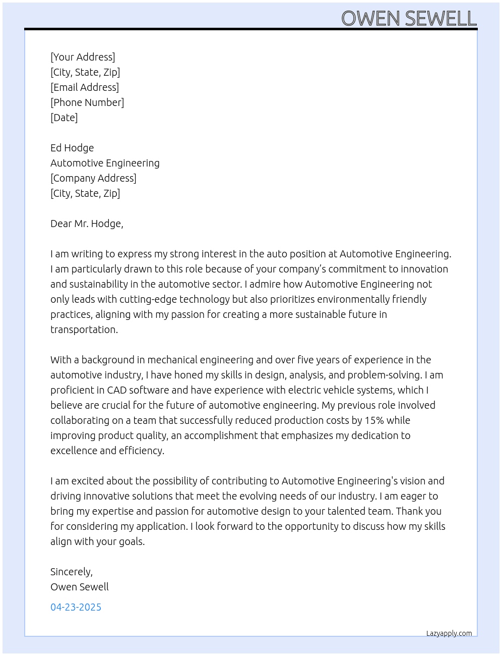 auto At automotive engineering Cover Letter