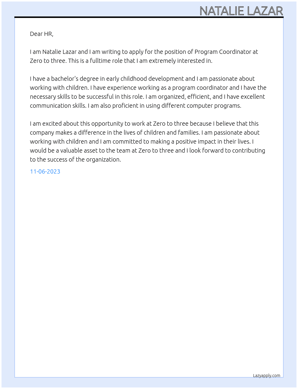 Program Coordinator At Zero to three Cover Letter