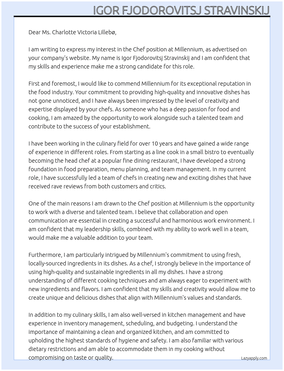 Chef At Millennium  Cover Letter