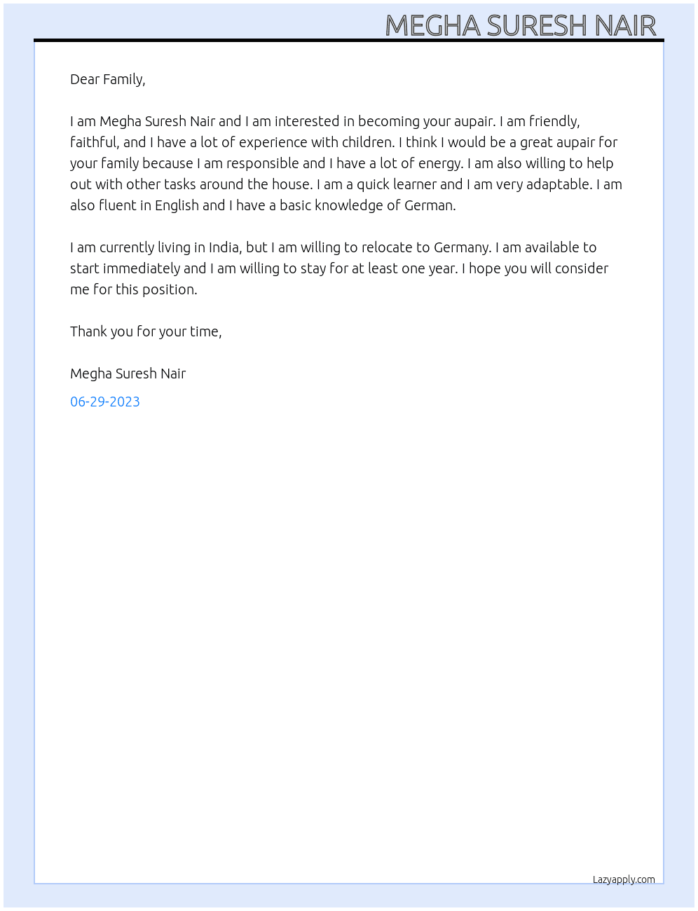 Aupair At Family  Cover Letter