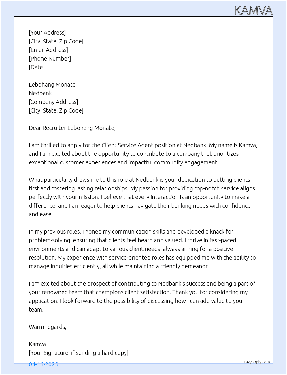 Cover letter for client service agent - LazyApply