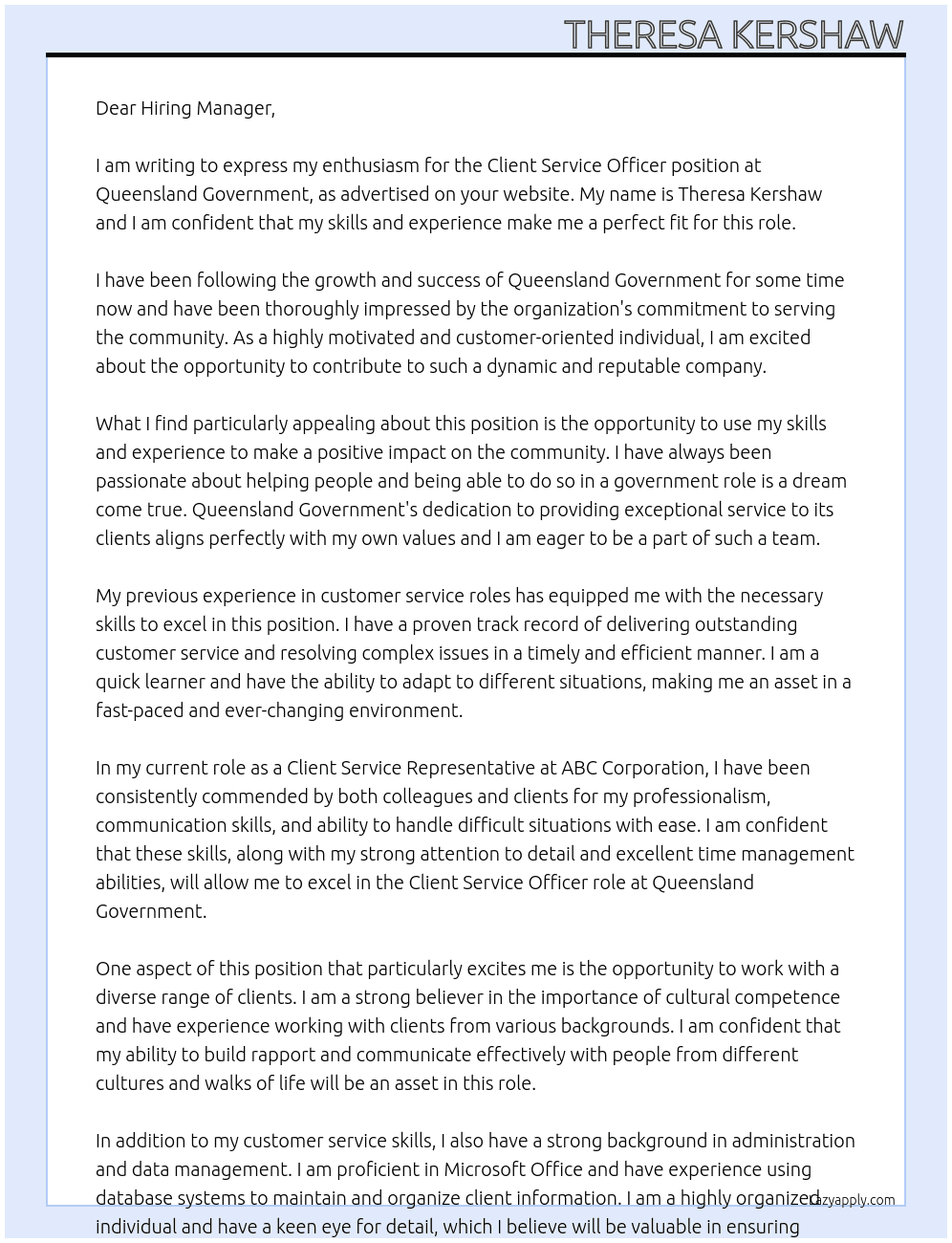 Client Service Officer At Queensland Government Cover Letter