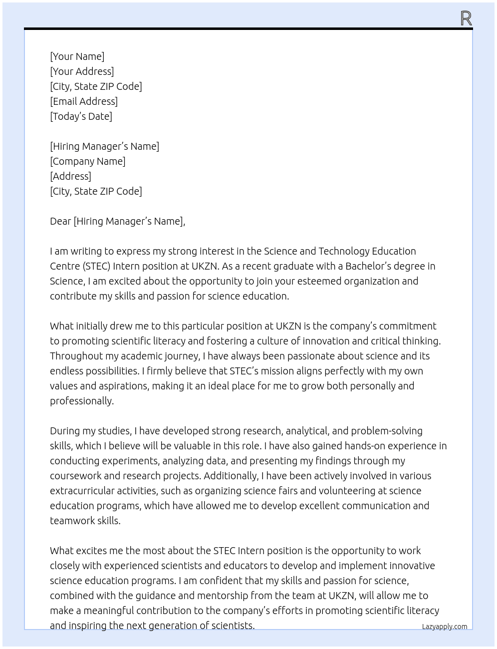 cience and Technology Education Centre (STEC) Intern  At UKZN Cover Letter