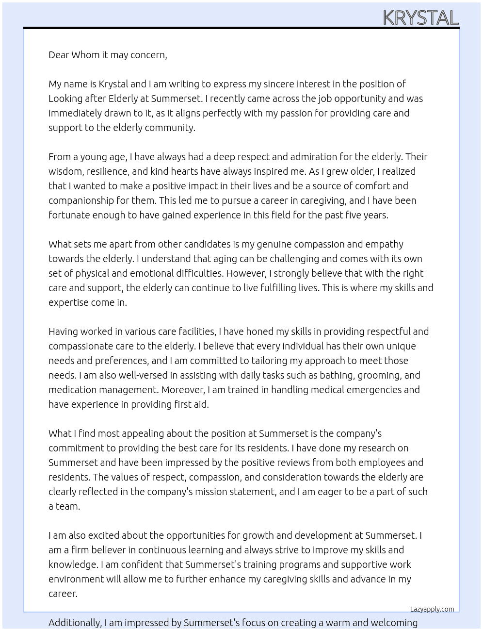 Looking after elderly At Summerset  Cover Letter