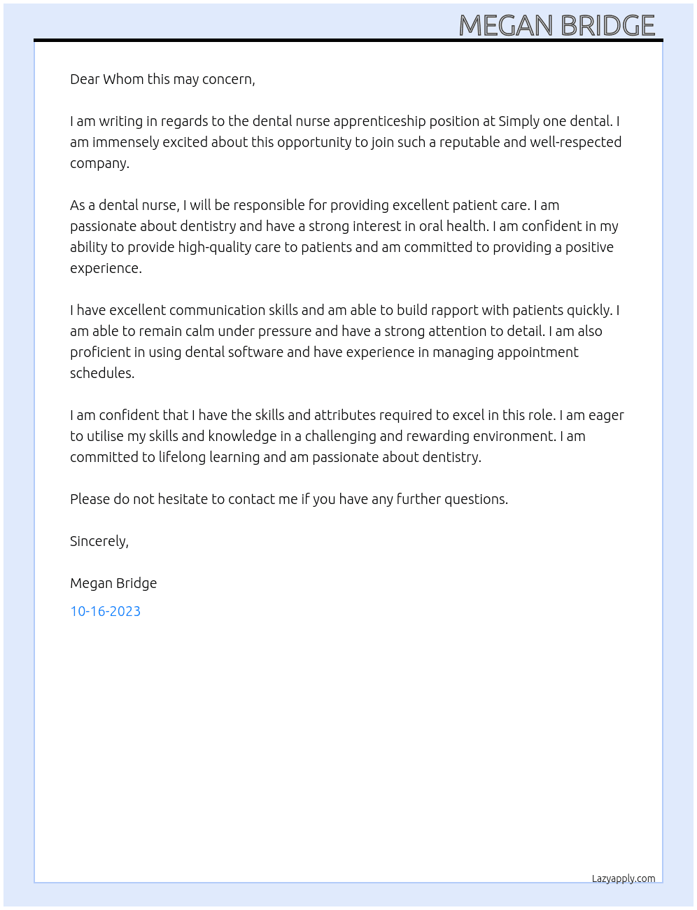 Dental nurse  At Simply one dental Cover Letter