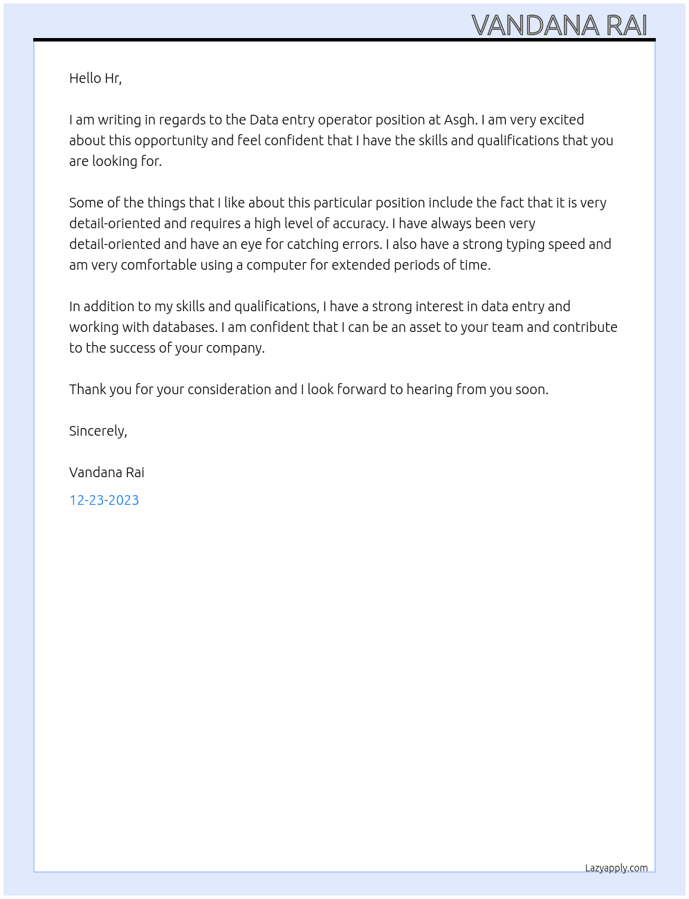 Data entry operator  At Asgh Cover Letter