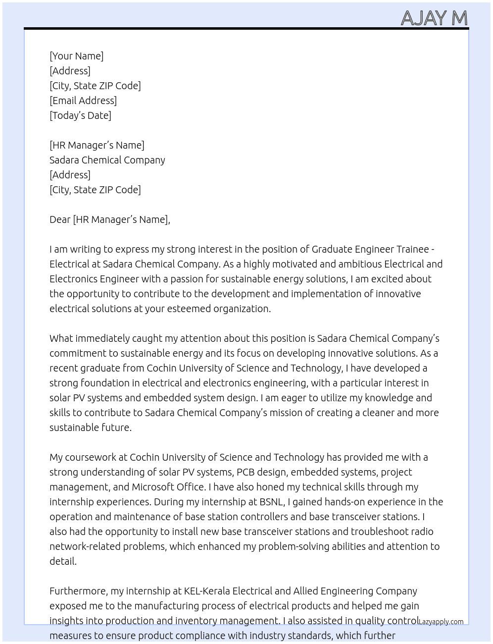 Graduate Engineer Trainee- Electrical At Sadara Chemical Company Cover Letter