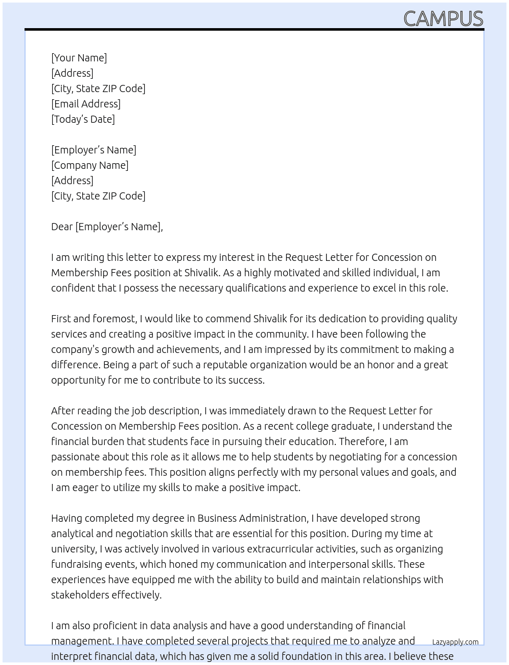 Request Letter for Concession on Membership Fees At Shivalik Cover Letter