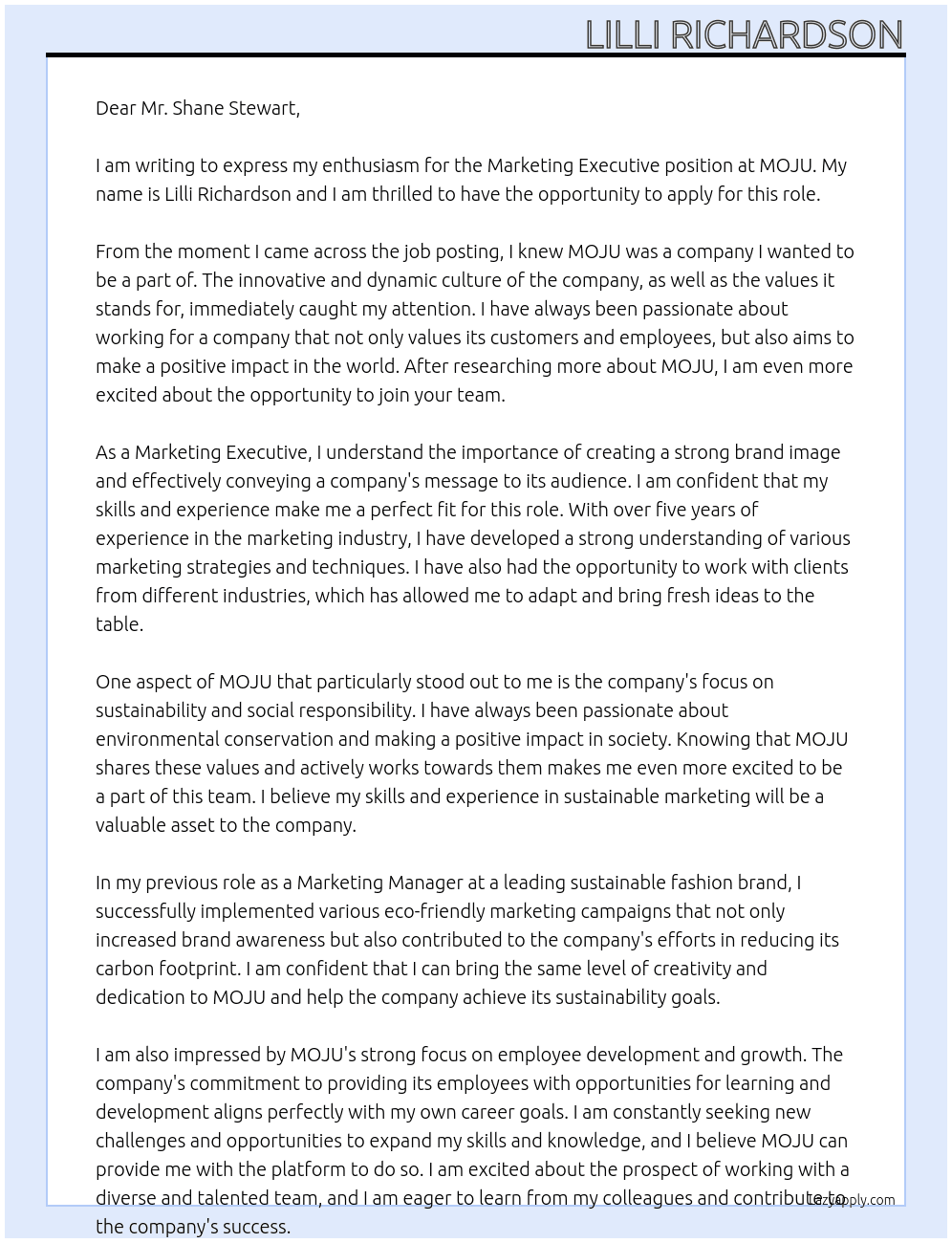 Marketing Executive  At MOJU Cover Letter