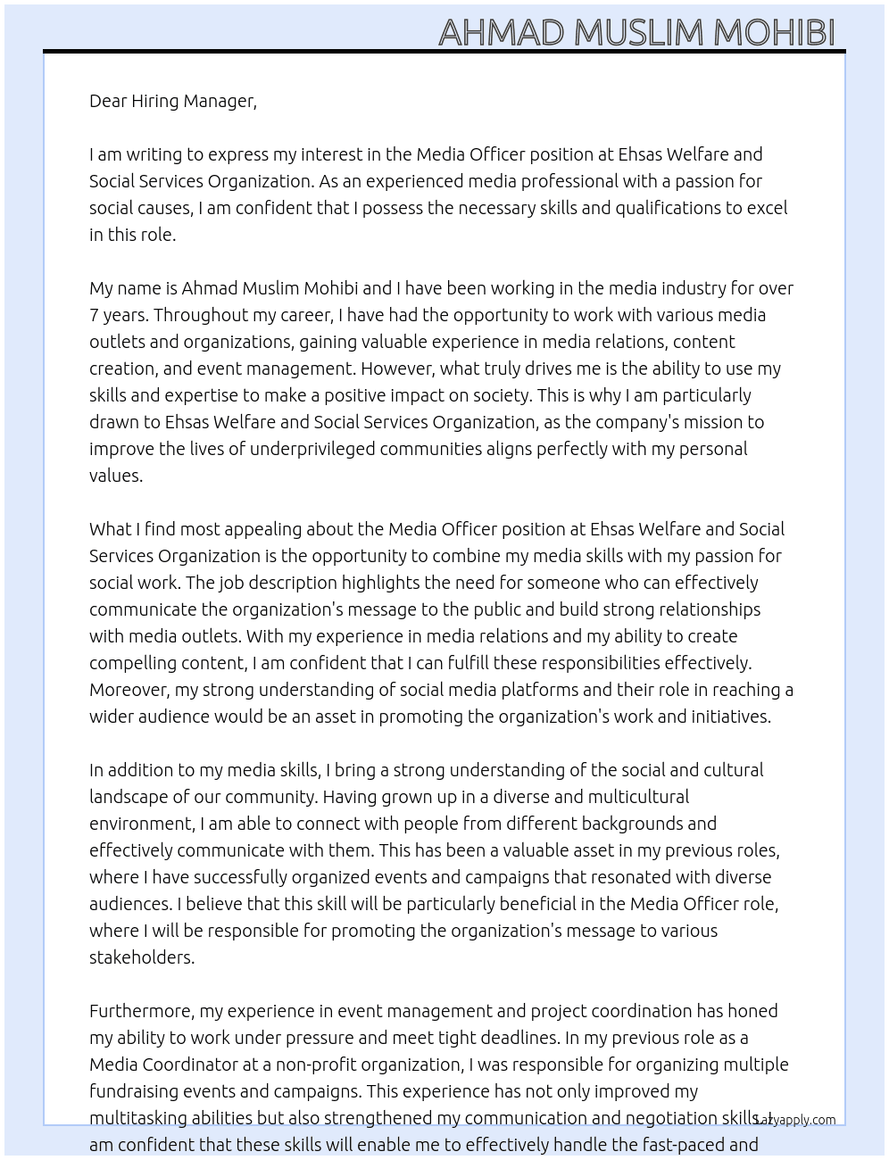 Media Officer  At Ehsas Welfare and Social Services Organization Cover Letter