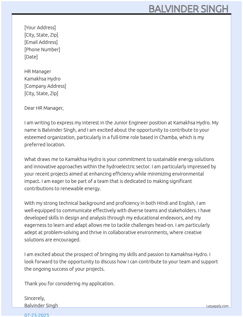 Junior engineer  At Kamakhsa hydro Cover Letter