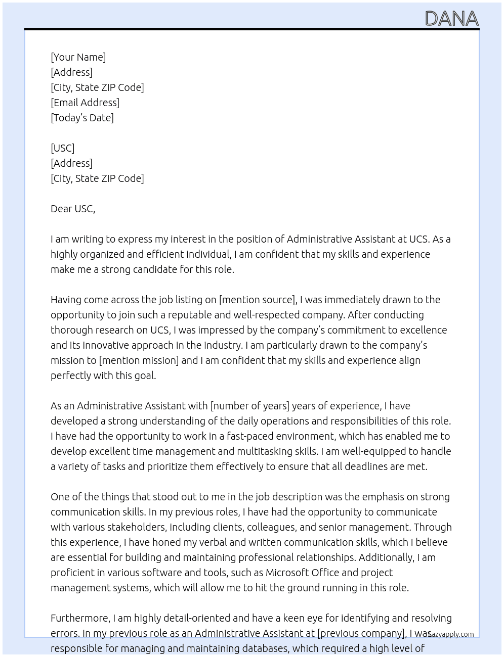 administrative assistant At UCS Cover Letter
