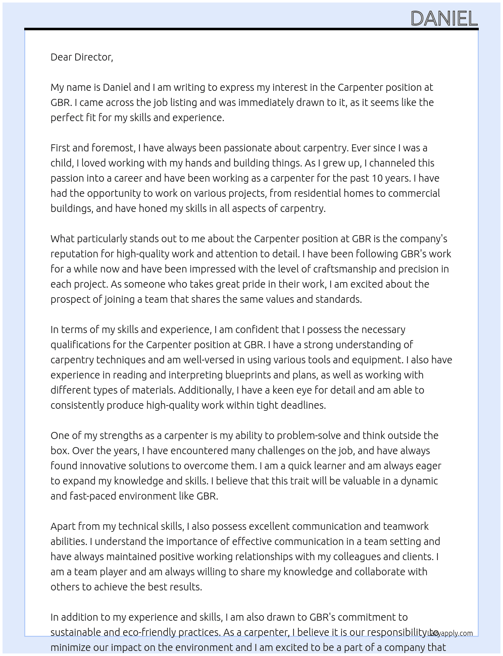 Carpenter At GBR Cover Letter