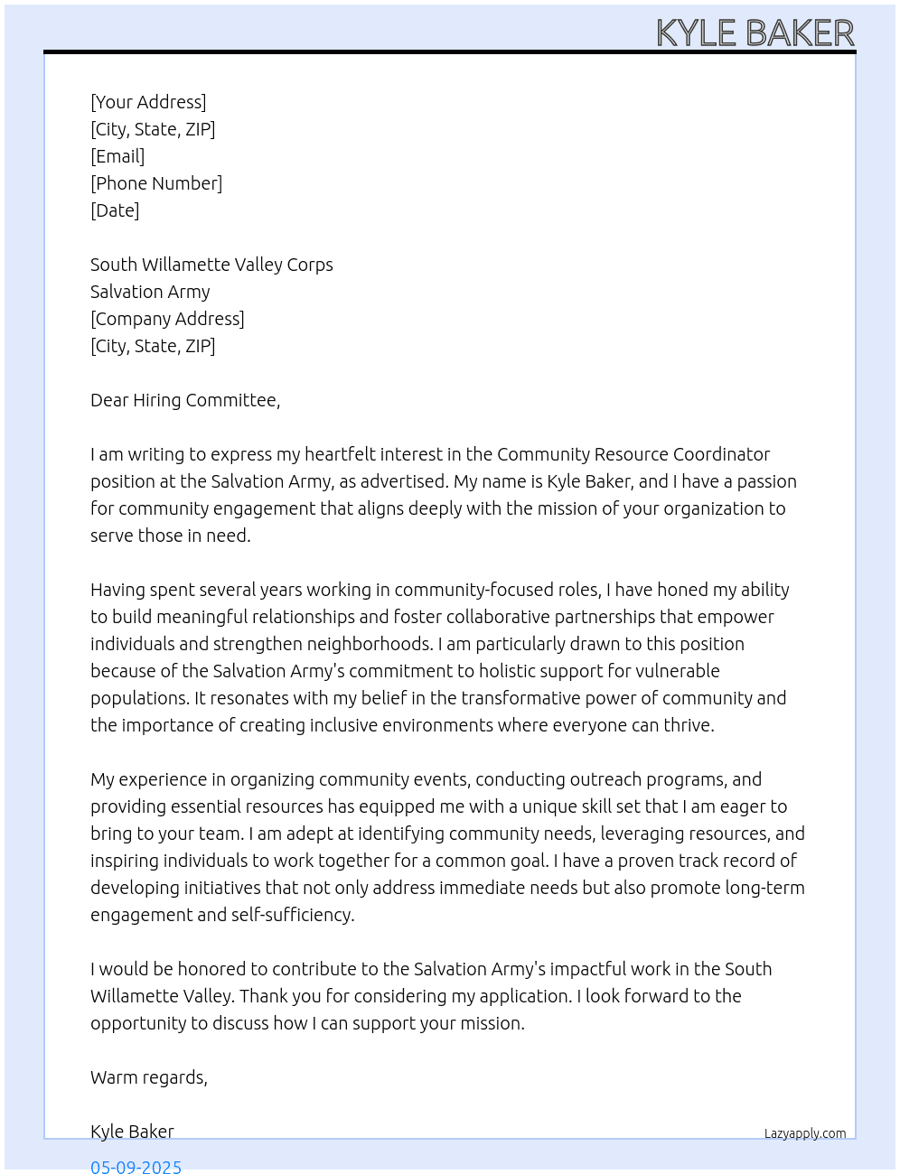 Community Resource Coordinator At Salvation Army Cover Letter