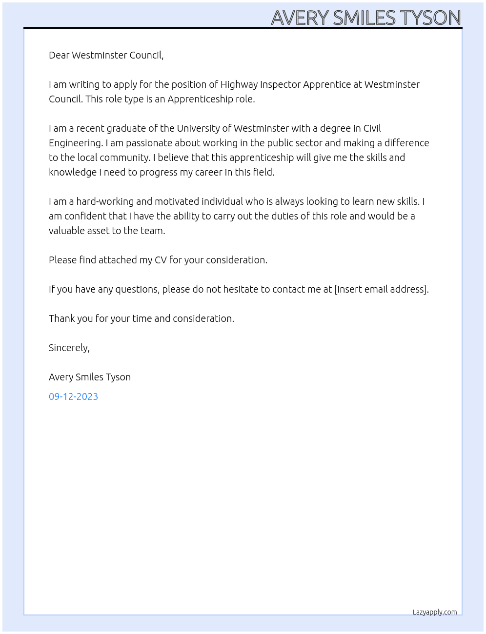 Highway Inspector Apprentice  At Westminster Council  Cover Letter