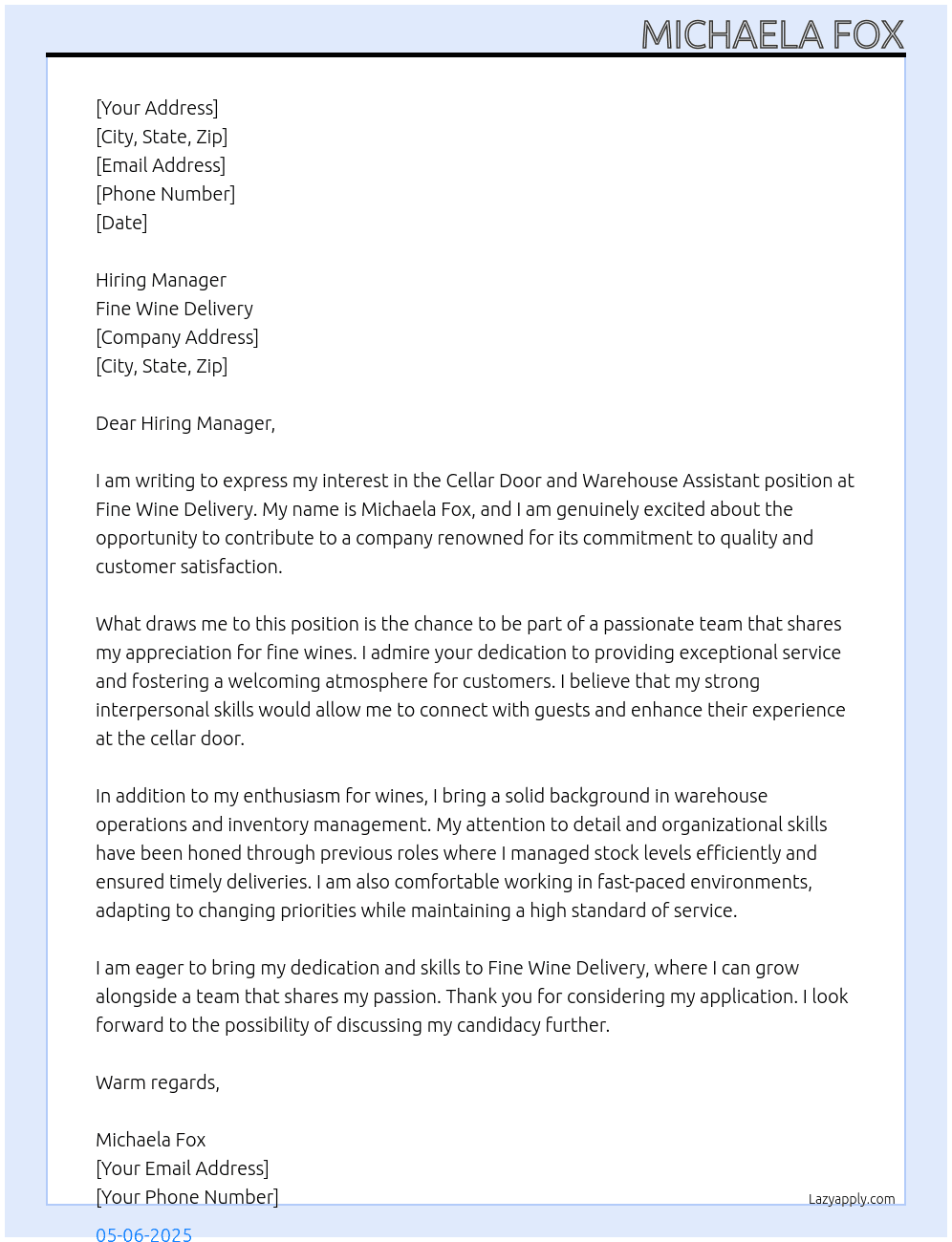 Cellar door and Warehouse Assistant  At Fine Wine Delivery  Cover Letter