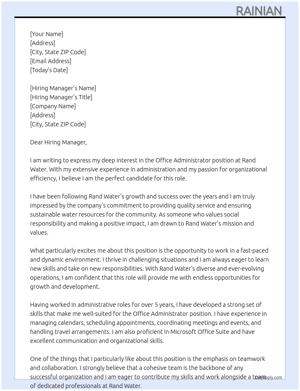 Office Administrator  At Rand Water Cover Letter