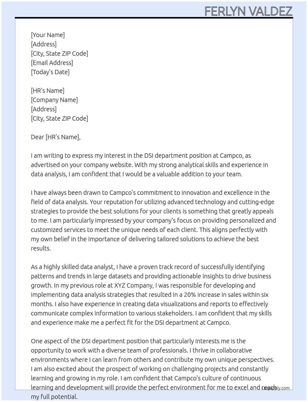 DSI department  At Campco  Cover Letter