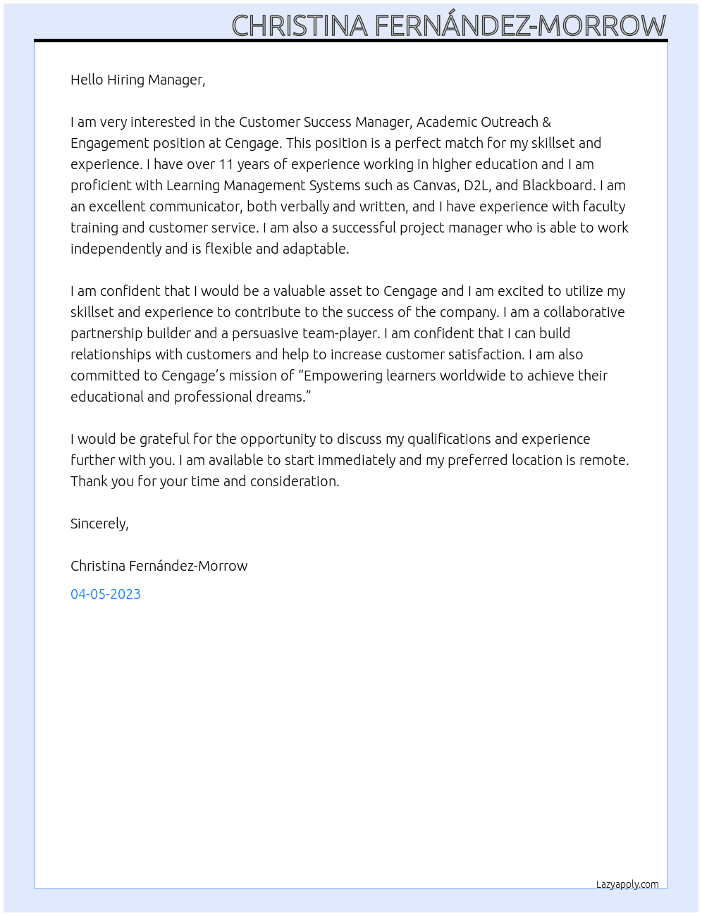 Customer Success Manager, Academic Outreach & Engagement At Cengage Cover Letter