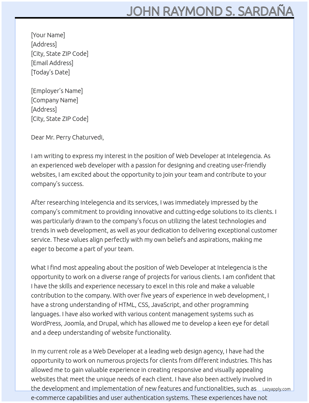 web developer At Intelegencia Cover Letter