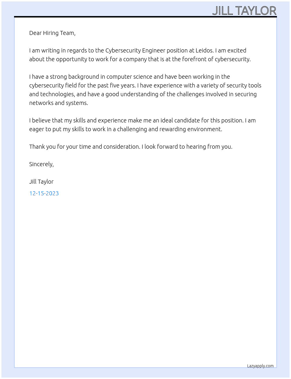 Cybersecurity Engineer At Leidos Cover Letter