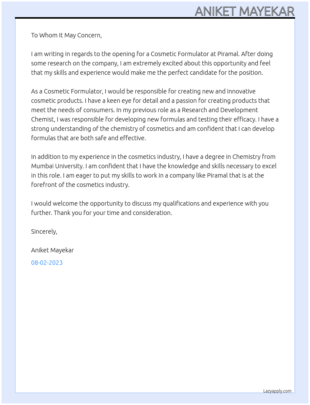 Cosmetic Formulator At Piramal Cover Letter