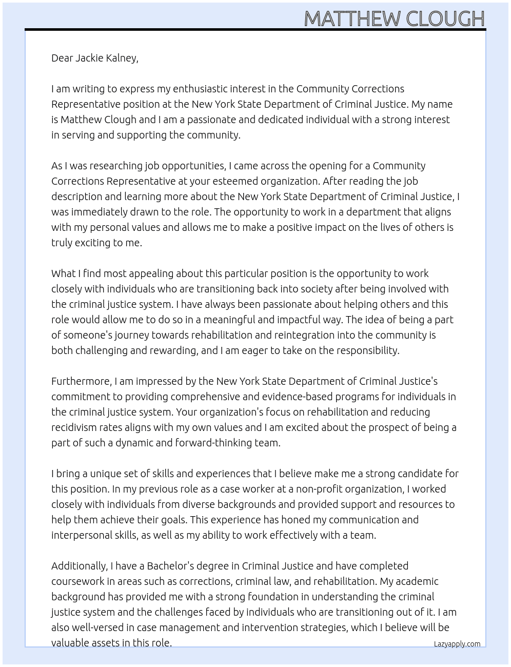 Community Corrections Representatice At New York State Department of Criminal Justice Cover Letter