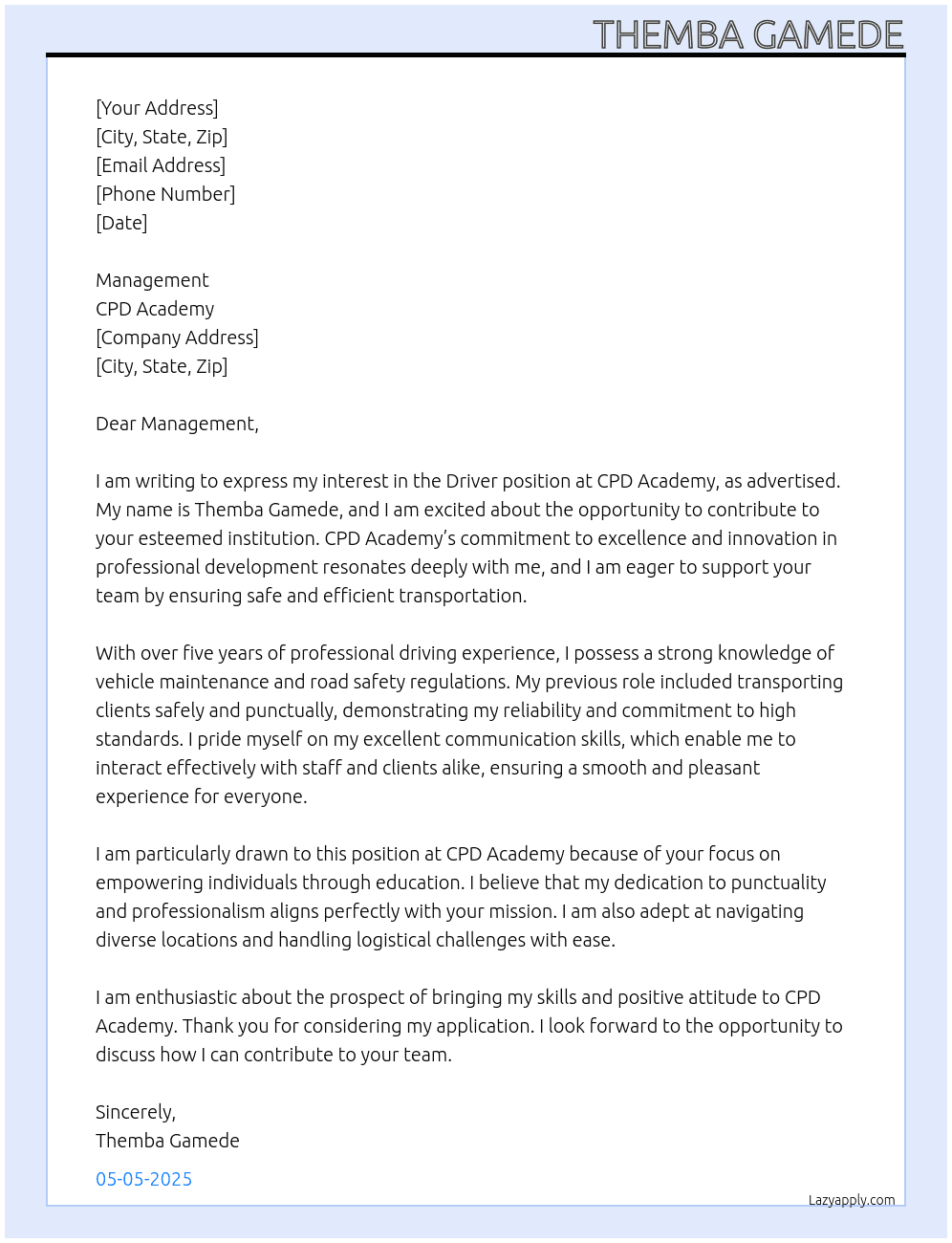 Driver At CPD Academy Cover Letter