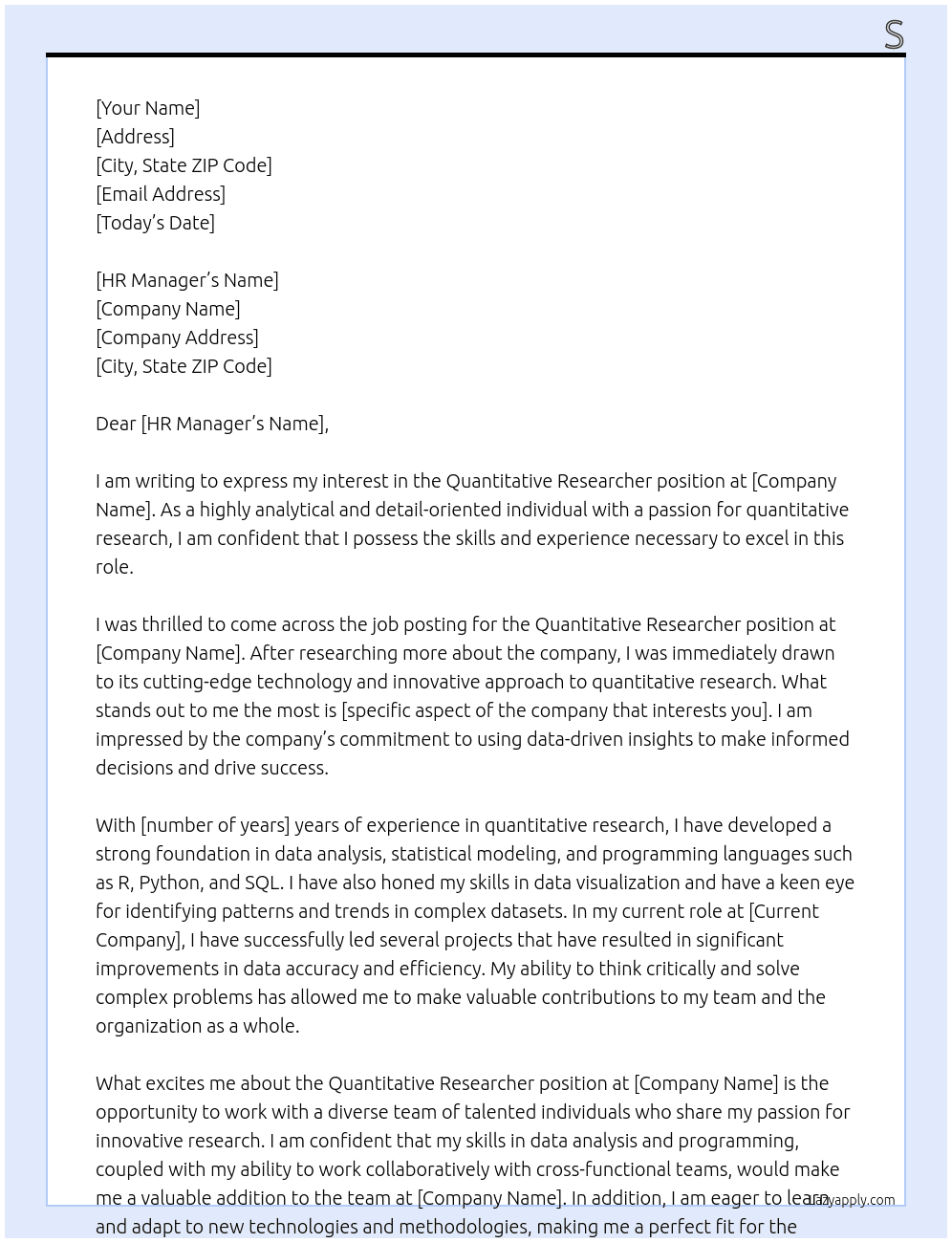 Quantitative Researcher  At 2Sigma Cover Letter