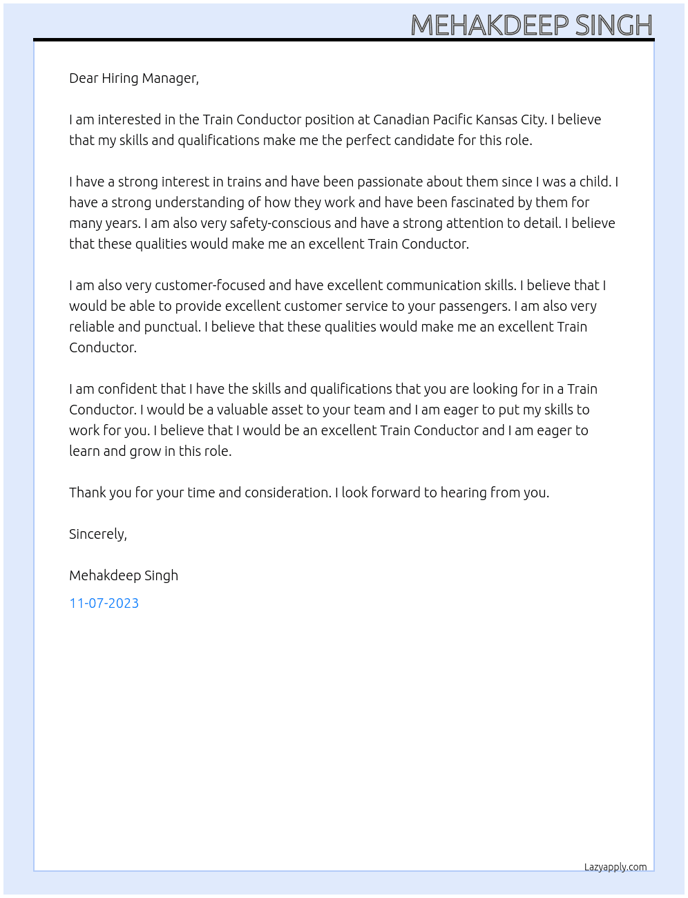 Train Conductor At Canadian pacific kansas city Cover Letter