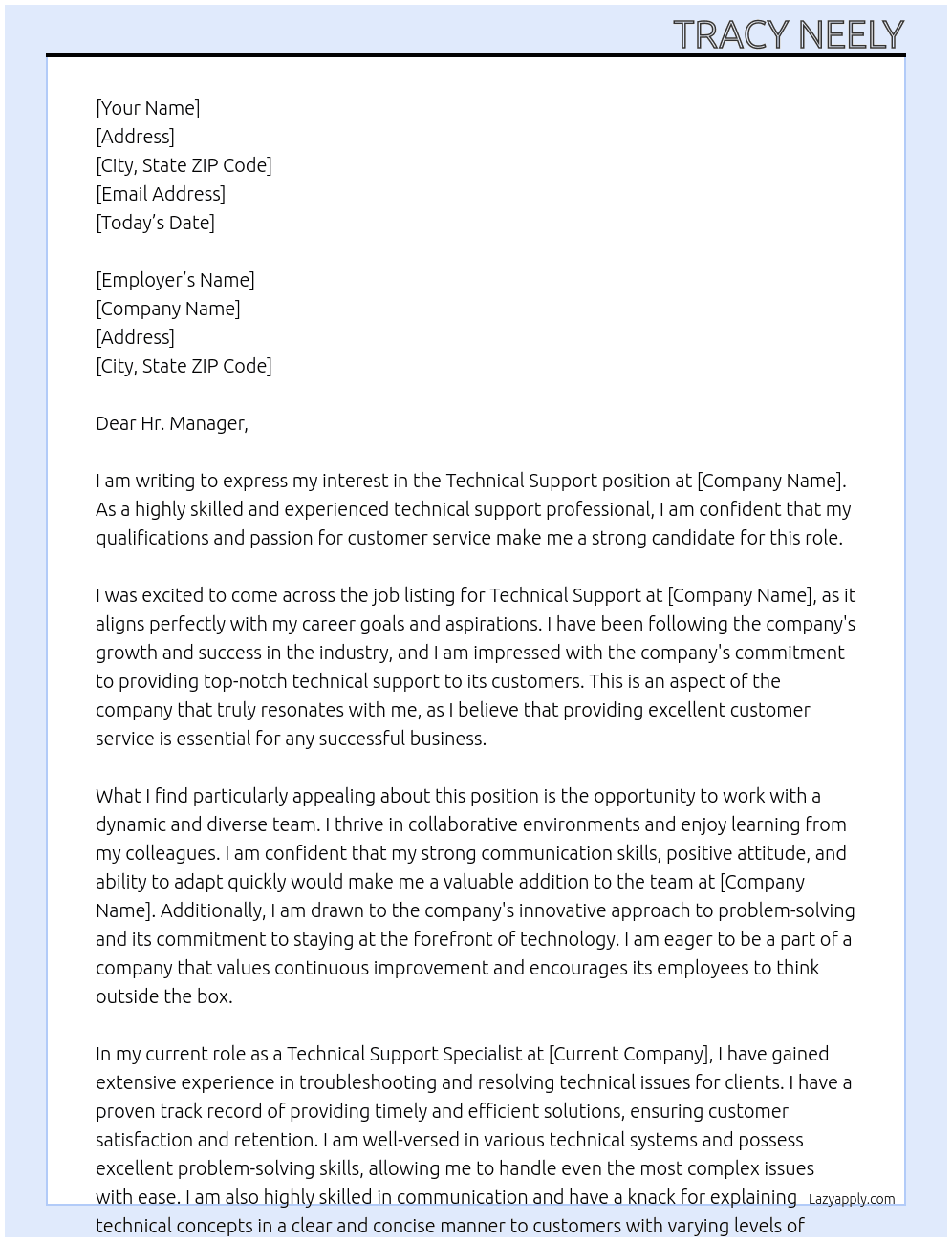 Technical Support  At Not Available  Cover Letter