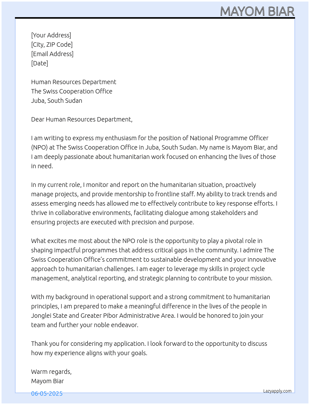 The National Programme Officer (NPO)  At The Swiss Cooperation Office in Juba, South Sudan Cover Letter