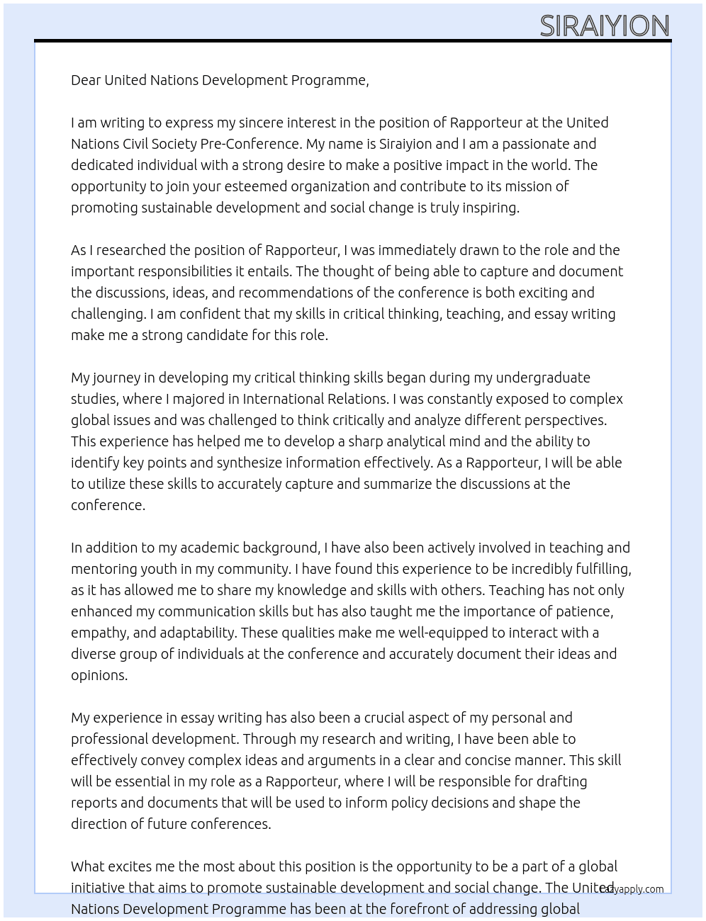 Rapporteur  At United Nations Civil Society Pre-Conference  Cover Letter