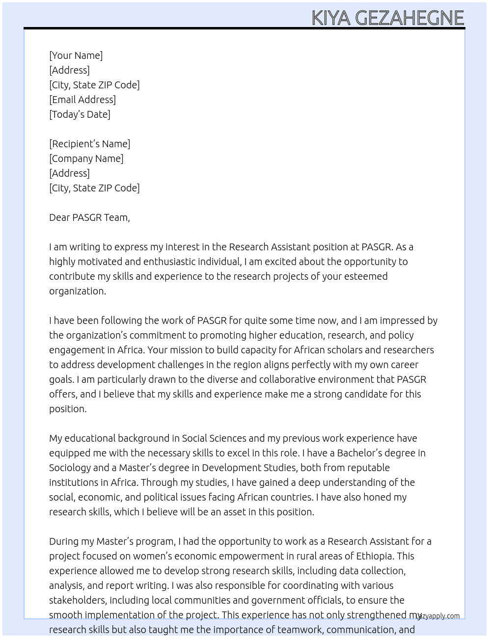 Research Assistant  At PASGR Cover Letter