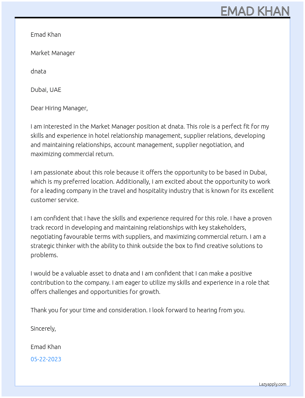 Market Manager At dnata Cover Letter