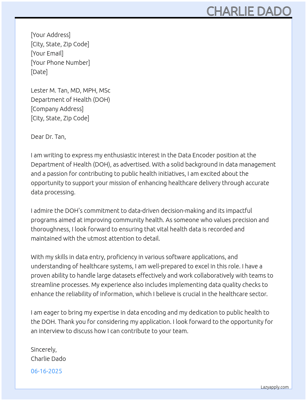 DATA ENCODER At DOH Cover Letter