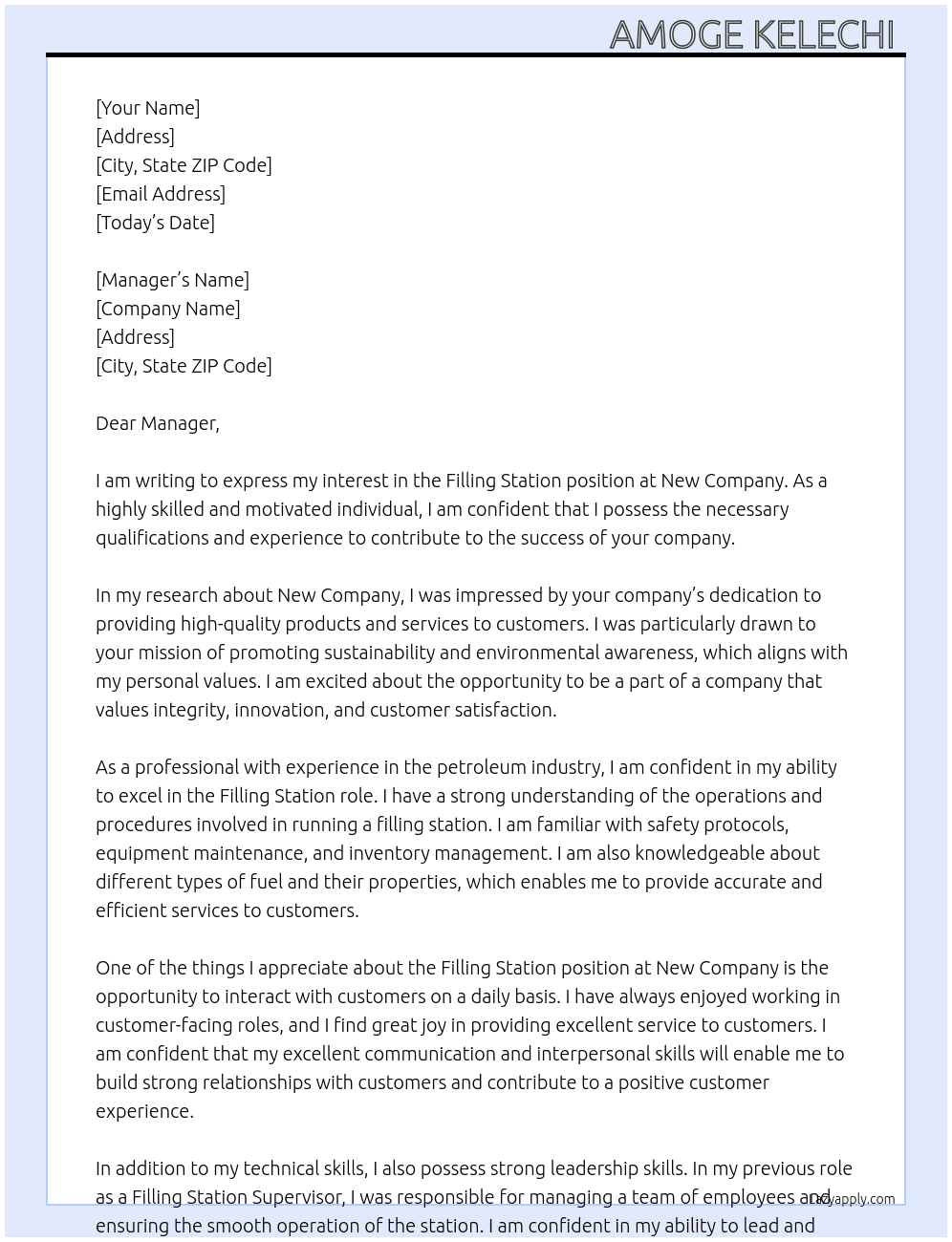 Filling station  At New company  Cover Letter