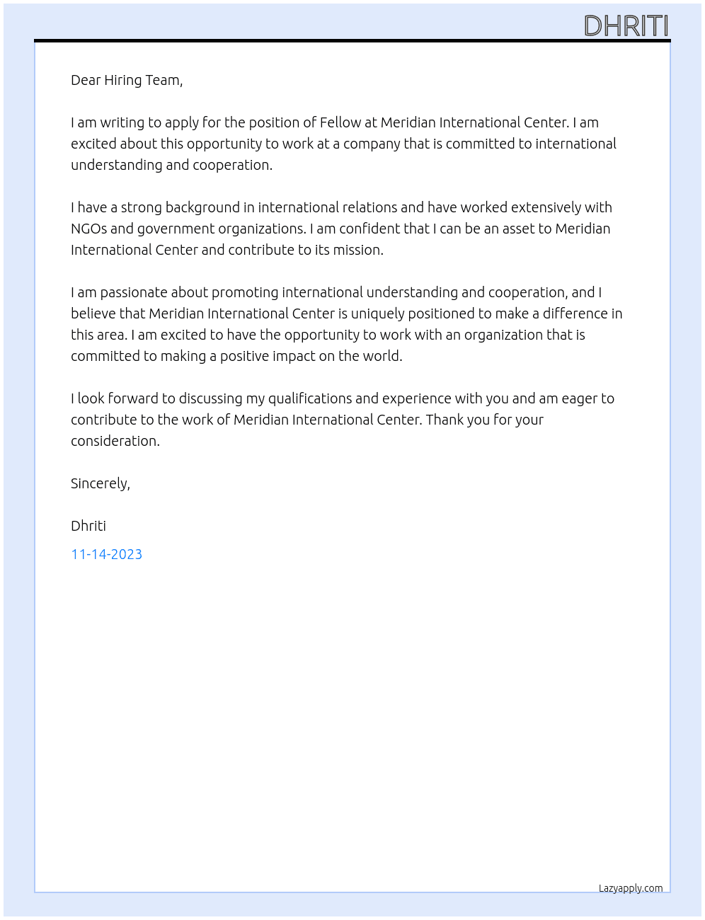 Fellow At Meridian International Center Cover Letter