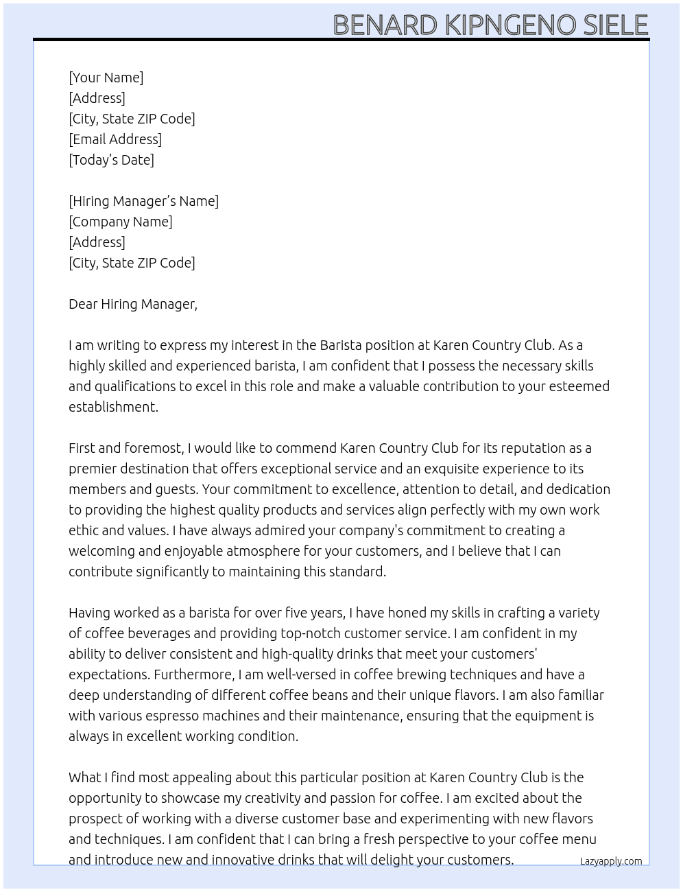 Barista  At Karen country club Cover Letter