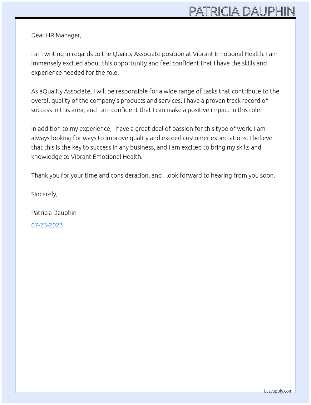 Quality Associate  At Vibrant Emotional Health Cover Letter