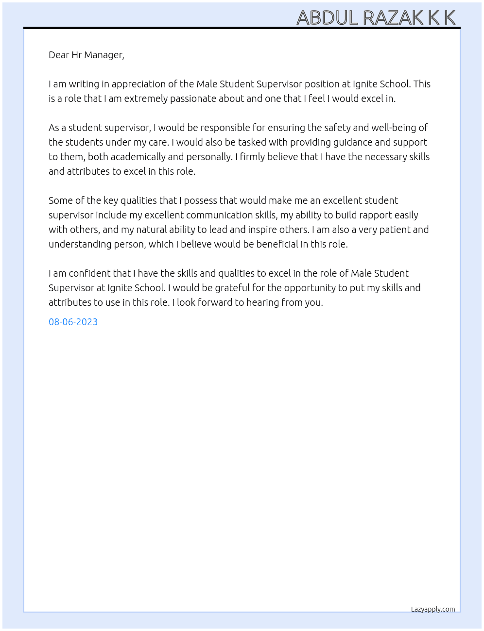 Male Student Supervisor  At Ignite School  Cover Letter