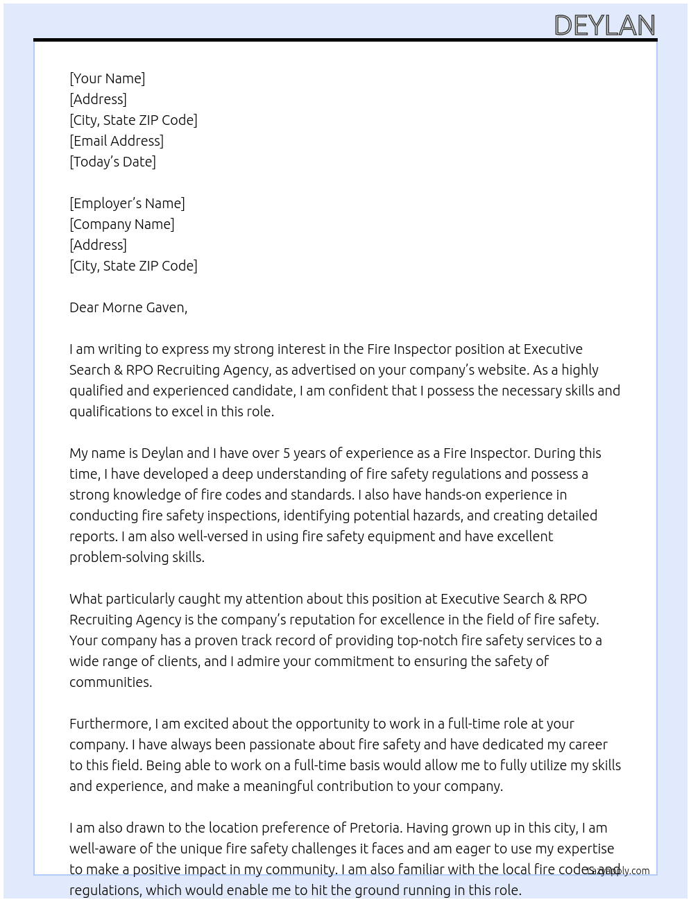 fire inspector At Executive Search & RPO Recruiting Agency Cover Letter