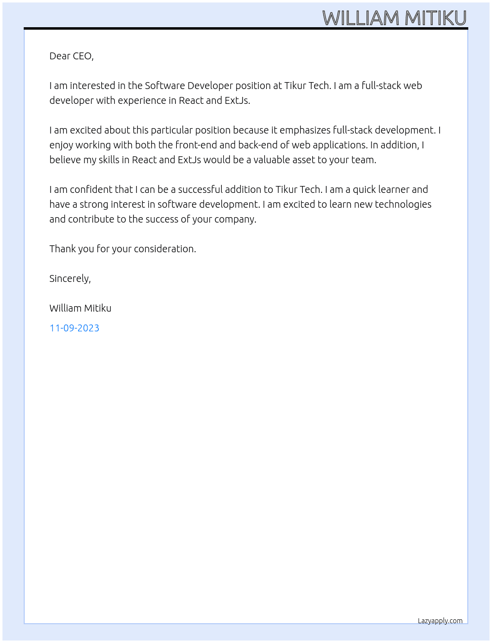 Software Developer At Tikur Tech Cover Letter