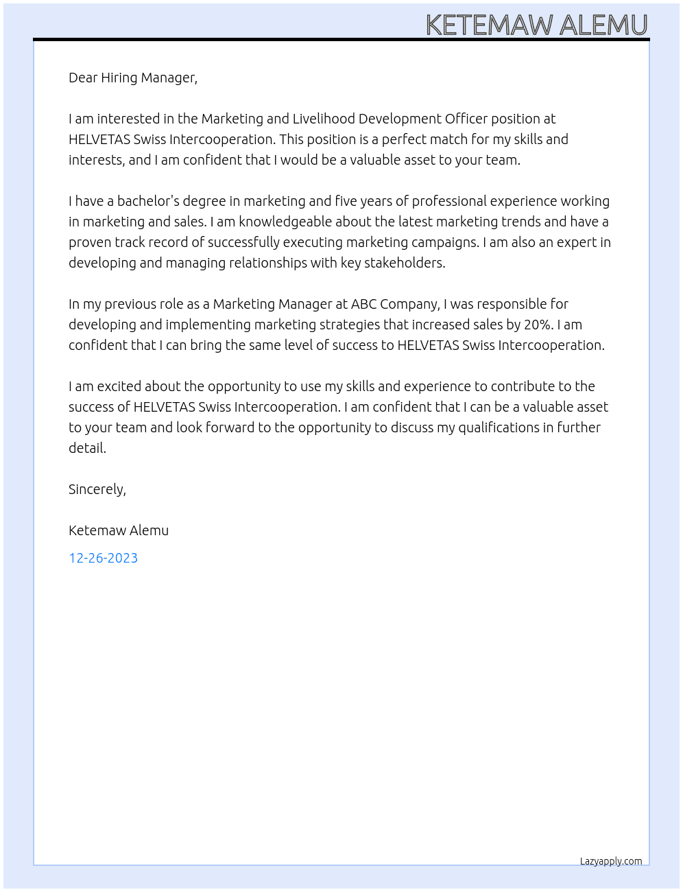 Marketing and Livelihood Development Officer At HELVETAS Swiss Intercooperation Cover Letter