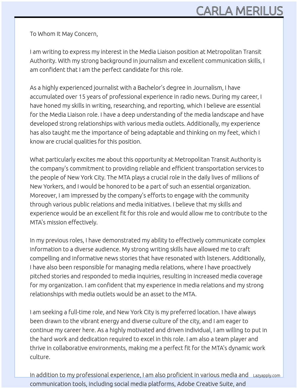 Media Liasion At Metropolitan Transit Authority Cover Letter