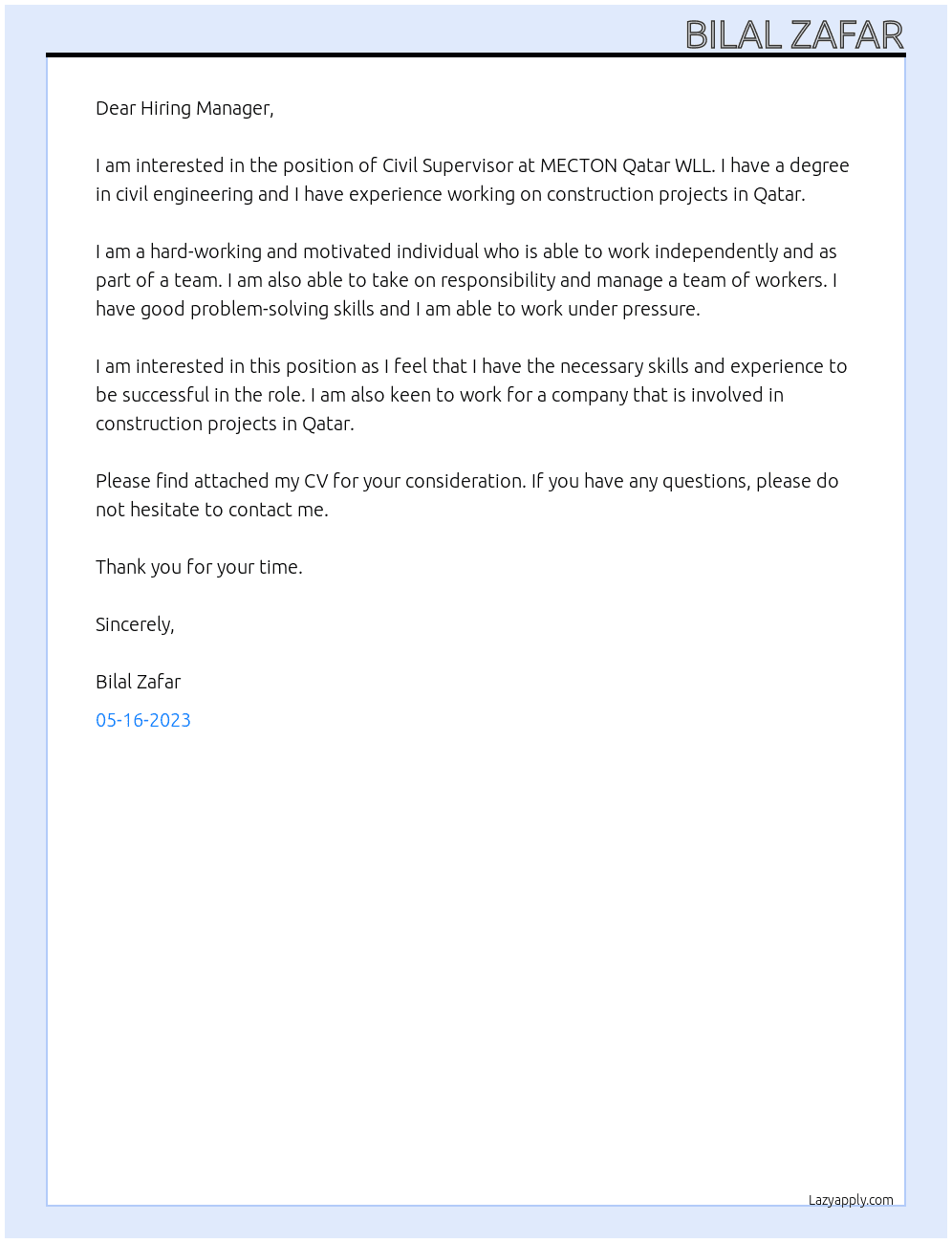 Civil Supervisor At MECTON QATAR WLL Cover Letter