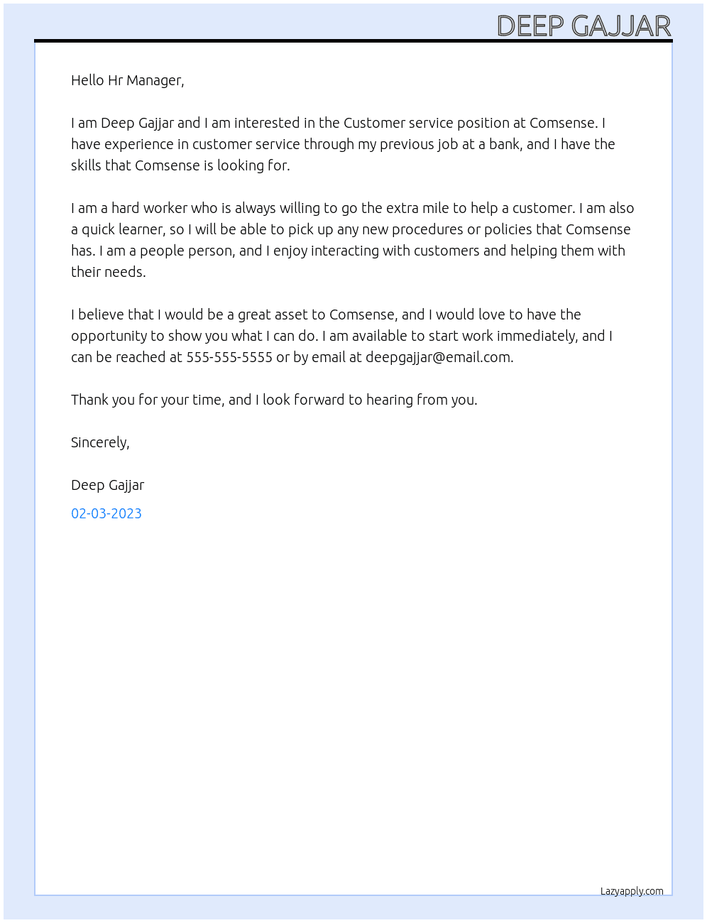 Customer service At Comsense Cover Letter